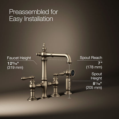 KOHLER K-76520-4 Artifacts Two-hole bridge bar sink faucet with side sprayer