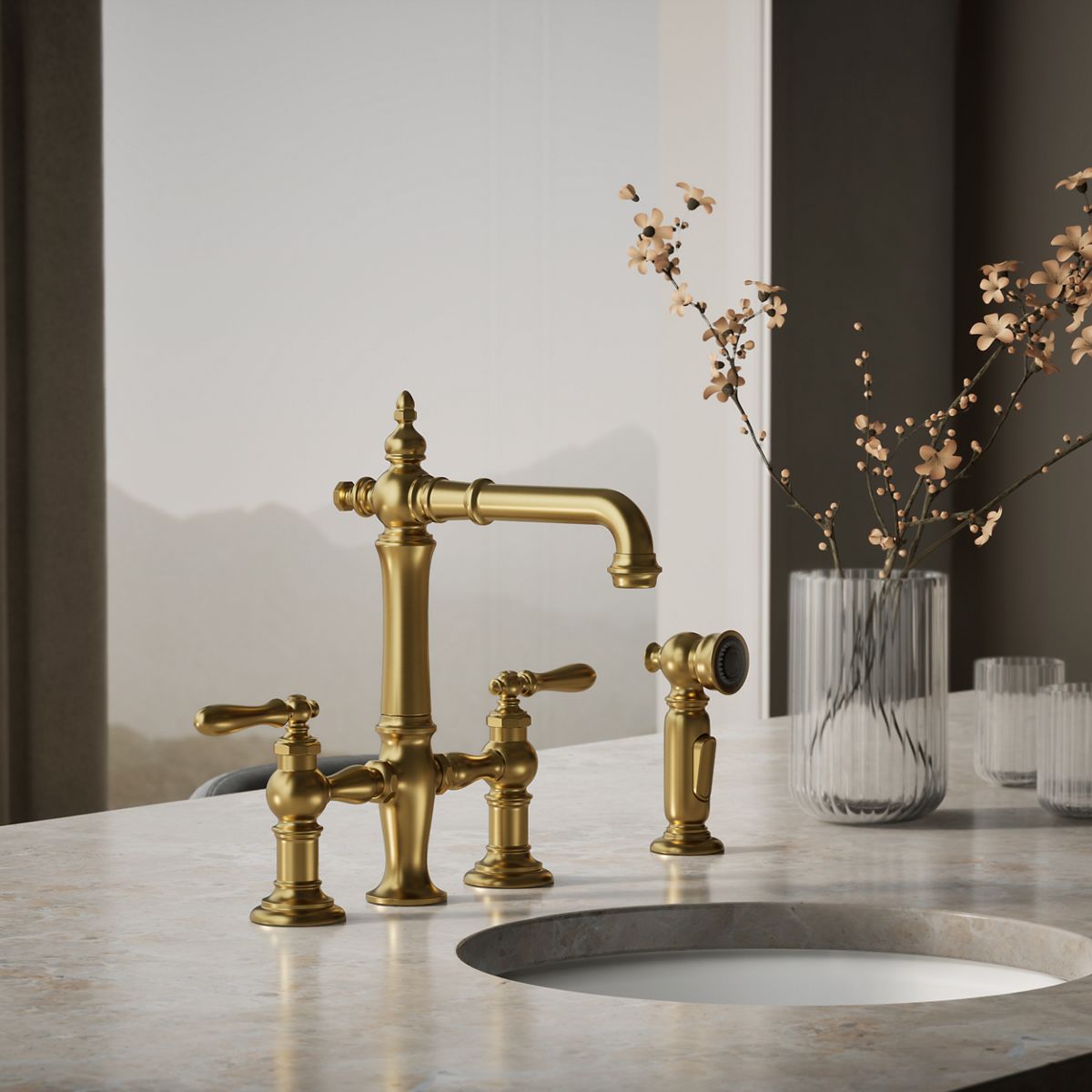 KOHLER K-76520-4 Artifacts Two-hole bridge bar sink faucet with side sprayer