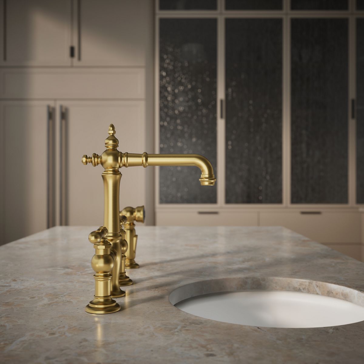 KOHLER K-76520-4 Artifacts Two-hole bridge bar sink faucet with side sprayer