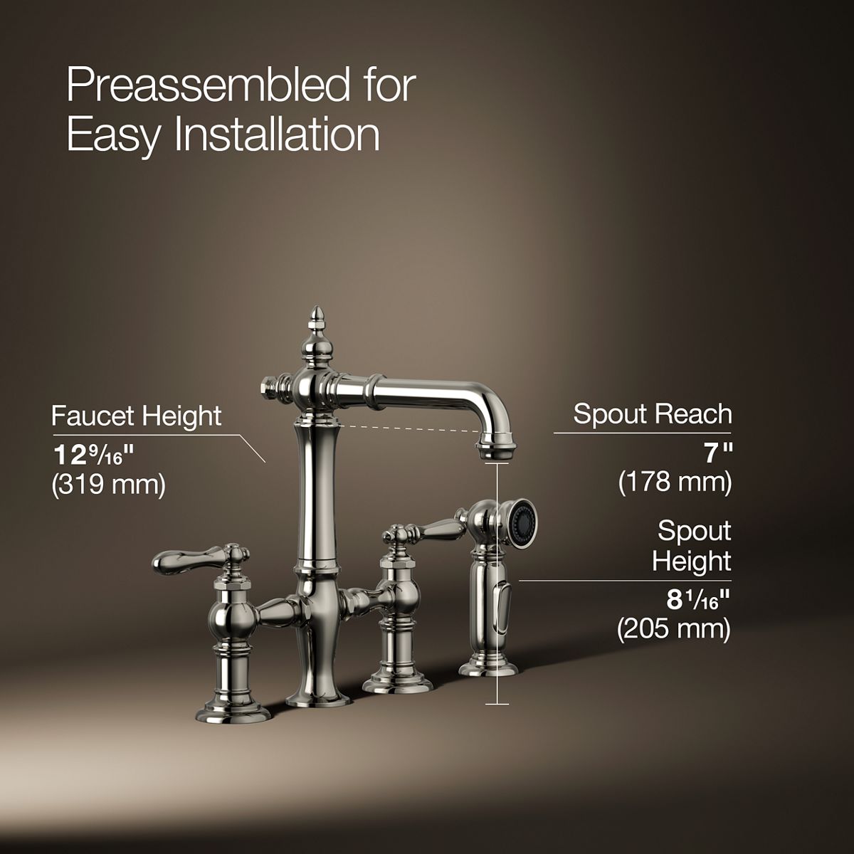 KOHLER K-76520-4 Artifacts Two-hole bridge bar sink faucet with side sprayer