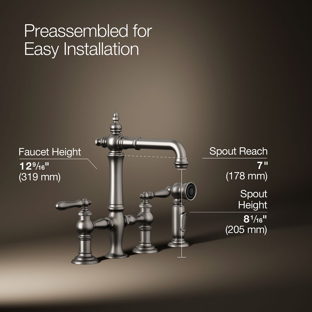 KOHLER K-76520-4 Artifacts Two-hole bridge bar sink faucet with side sprayer