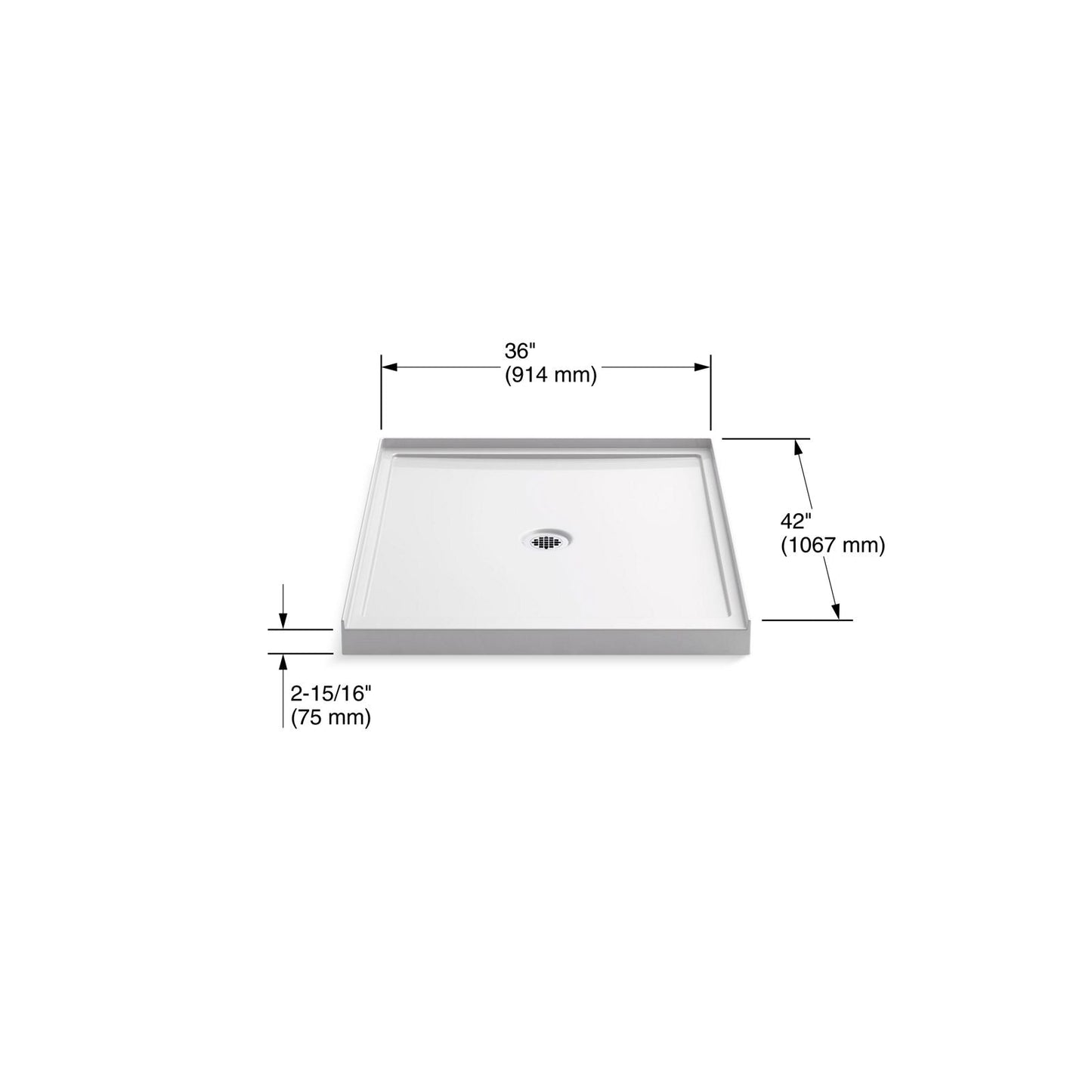KOHLER K-8647 Rely 36" x 42" alcove shower base, center drain