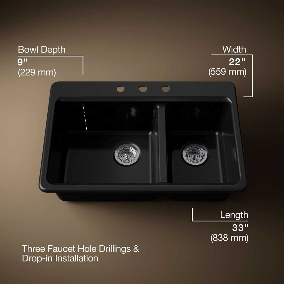 KOHLER K-8669-3A2 Riverby 33" top-mount double-bowl workstation kitchen sink