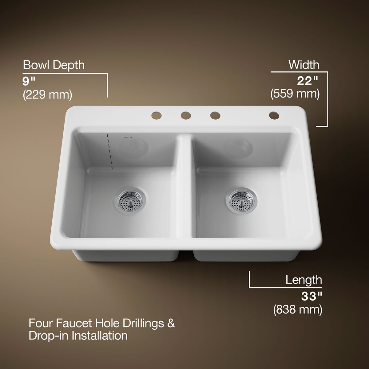 KOHLER Riverby 33" top-mount double-bowl kitchen sink