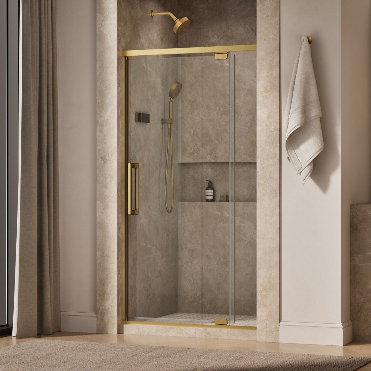 KOHLER K-CA37594-8L Statement 76" H pivot shower door with 5/16"-thick glass, vibrant brushed moderne brass - view 2