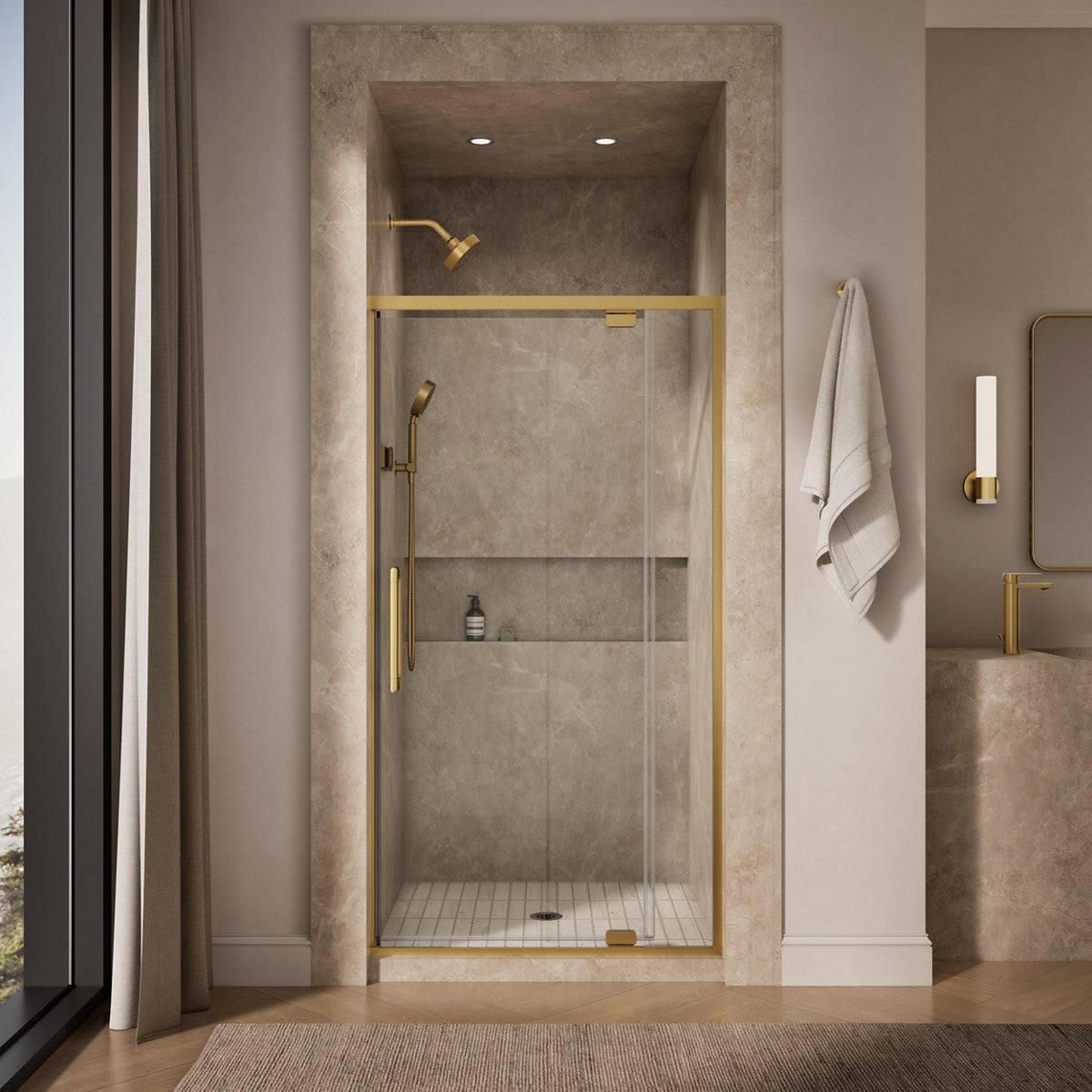KOHLER K-CA37594-8L Statement 76" H pivot shower door with 5/16"-thick glass, vibrant brushed moderne brass - view 3