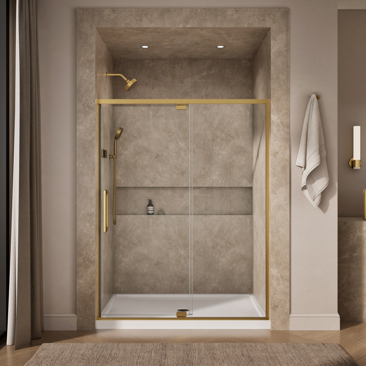 KOHLER K-CA37597-8L Statement 76" H pivot shower door with 5/16"-thick glass, vibrant brushed moderne brass - view 3