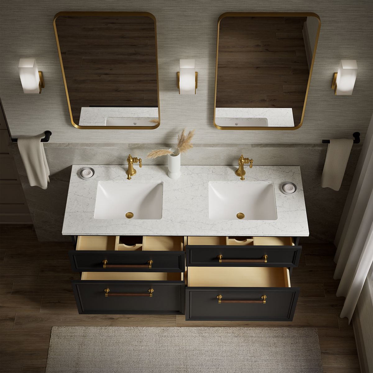 KOHLER K-CM33560-BD1 Harken 60" bathroom vanity cabinet with sinks and quartz top