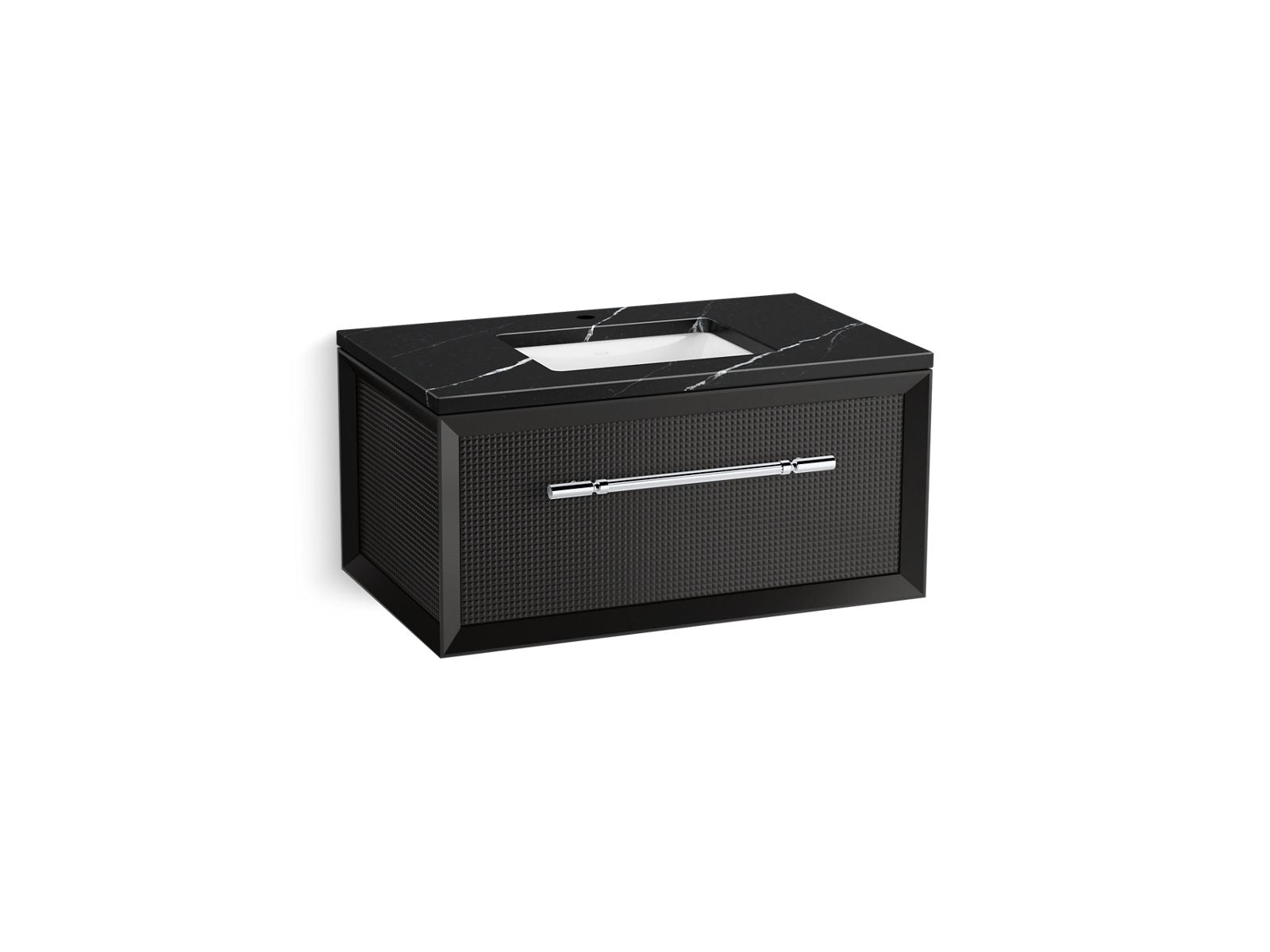 KOHLER K-CM33562-BD10 Enivo 36" Wall-hung Bathroom Vanity Cabinet with Sink and Quartz Top, Gloss Black - 3/4 view of product