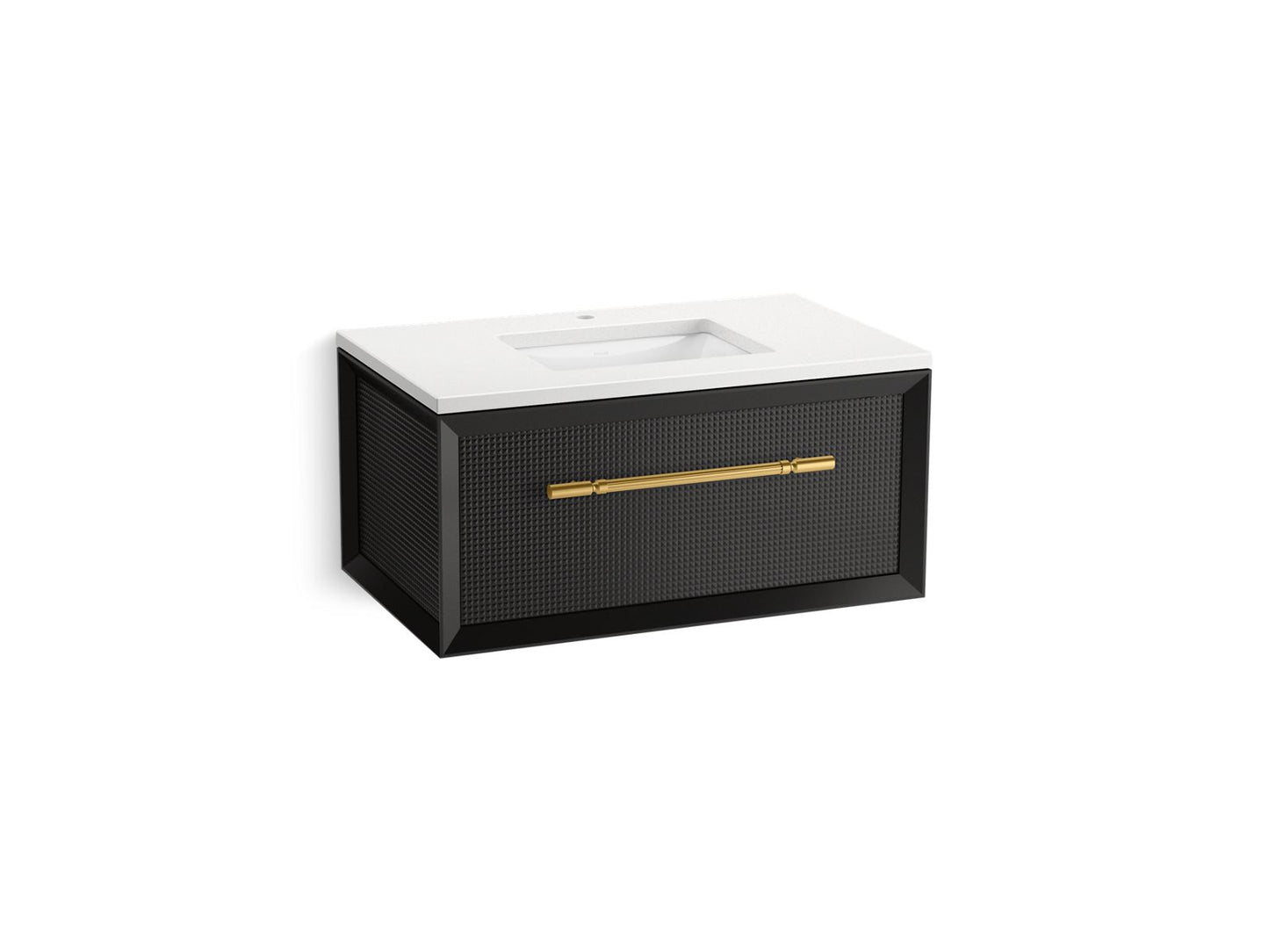 KOHLER K-CM33562-BD10 Enivo 36" Wall-hung Bathroom Vanity Cabinet with Sink and Quartz Top, Gloss Black - 3/4 view of product
