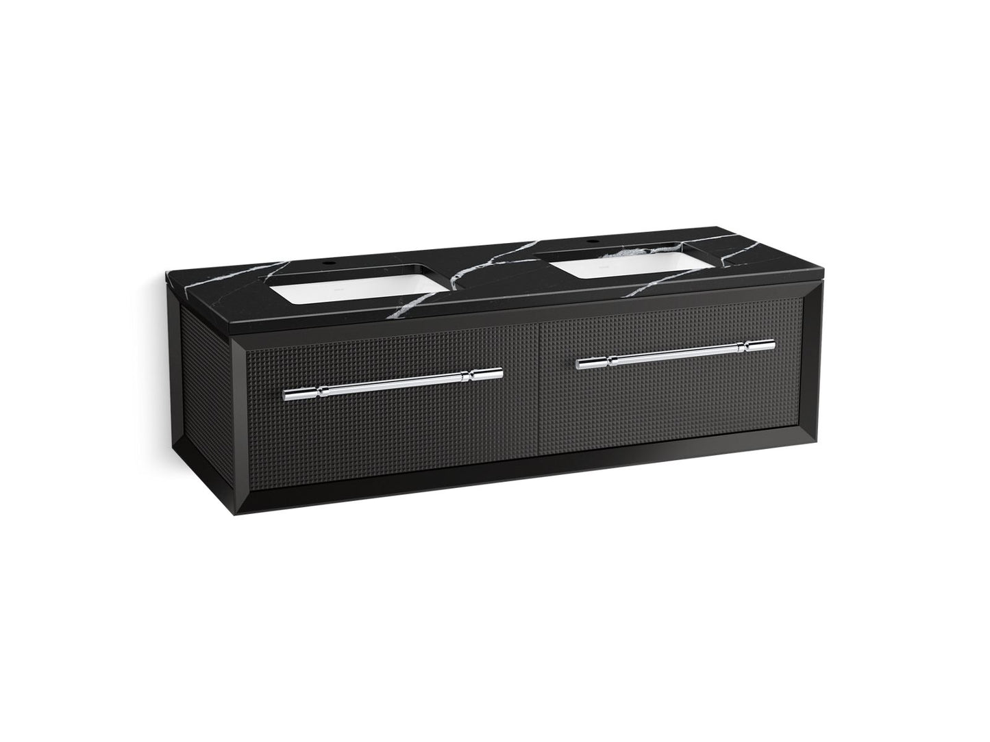 KOHLER K-CM33563-BD11 Enivo 60" Wall-hung Bathroom Vanity Cabinet with Sinks and Quartz Top, Gloss Black - 3/4 view of produc