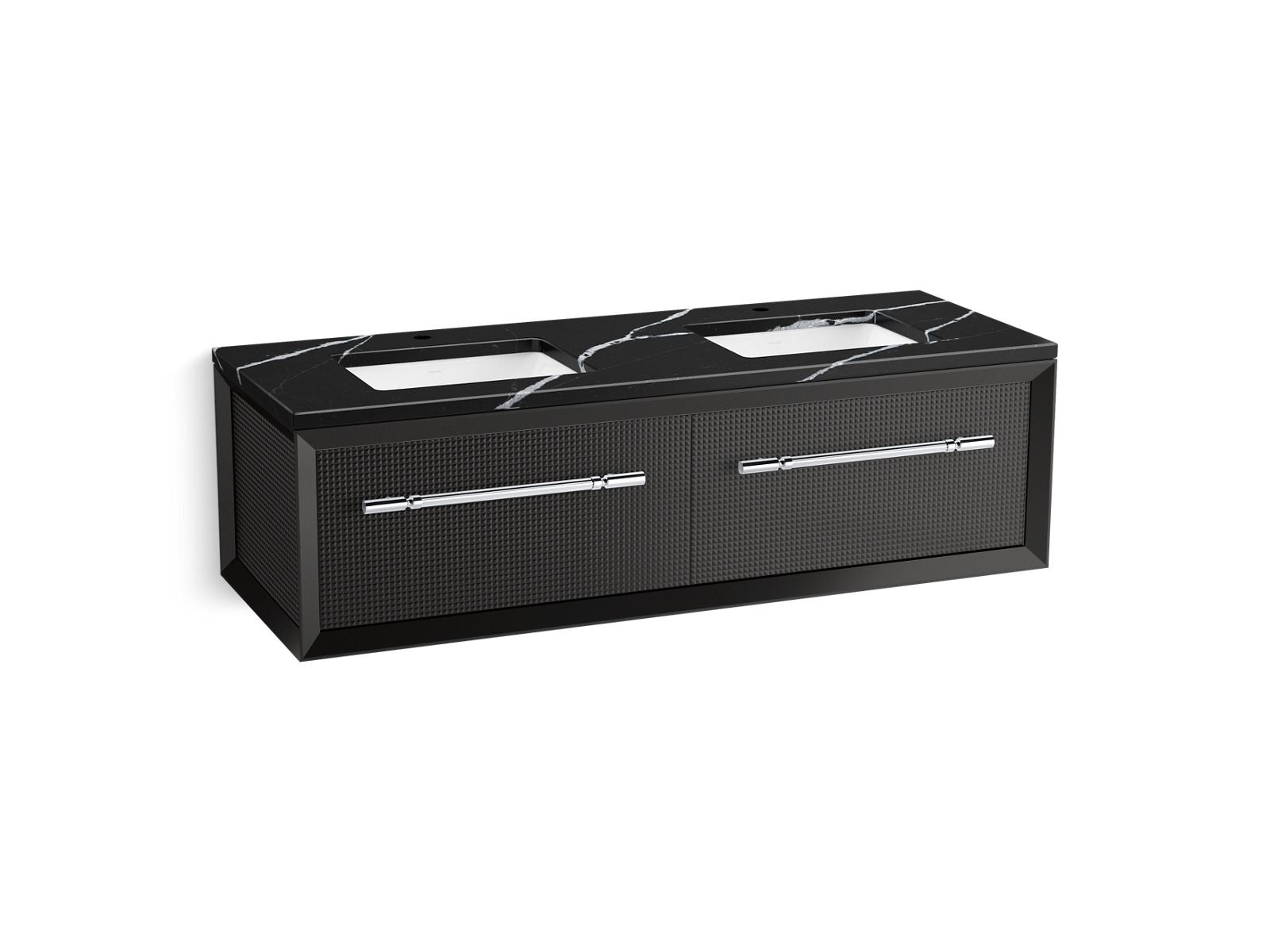 KOHLER K-CM33563-BD11 Enivo 60" Wall-hung Bathroom Vanity Cabinet with Sinks and Quartz Top, Gloss Black - 3/4 view of produc