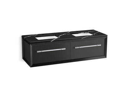KOHLER K-CM33563-BD11 Enivo 60" Wall-hung Bathroom Vanity Cabinet with Sinks and Quartz Top, Gloss Black - 3/4 view of produc