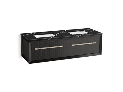 KOHLER K-CM33563-BD11 Enivo 60" Wall-hung Bathroom Vanity Cabinet with Sinks and Quartz Top, Gloss Black - 3/4 view of produc