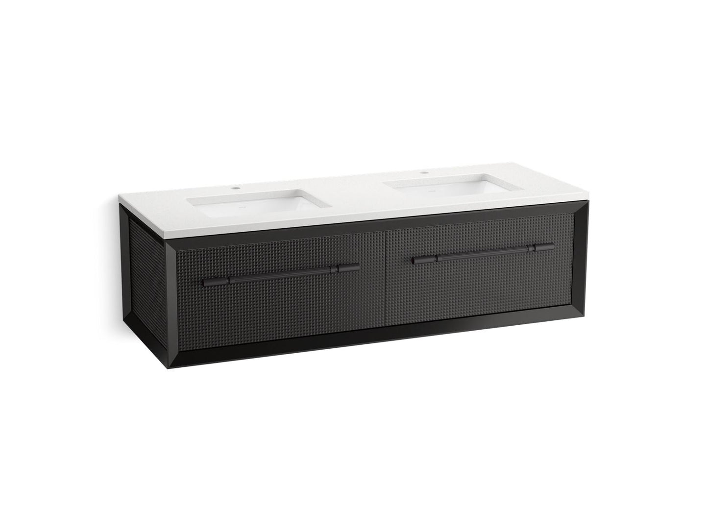 KOHLER K-CM33563-BD11 Enivo 60" Wall-hung Bathroom Vanity Cabinet with Sinks and Quartz Top, Gloss Black - 3/4 view of produc