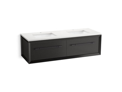 KOHLER K-CM33563-BD11 Enivo 60" Wall-hung Bathroom Vanity Cabinet with Sinks and Quartz Top, Gloss Black - 3/4 view of produc
