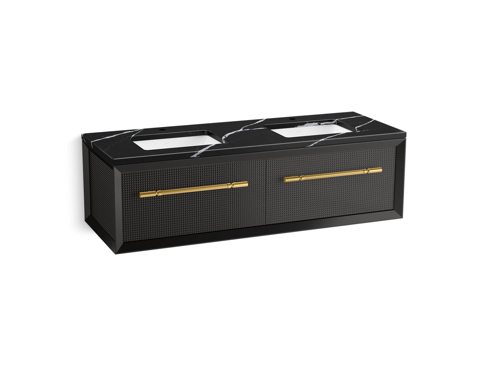 KOHLER K-CM33563-BD11 Enivo 60" Wall-hung Bathroom Vanity Cabinet with Sinks and Quartz Top, Gloss Black - 3/4 view of produc