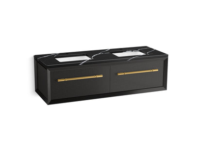 KOHLER K-CM33563-BD11 Enivo 60" Wall-hung Bathroom Vanity Cabinet with Sinks and Quartz Top, Gloss Black - 3/4 view of produc