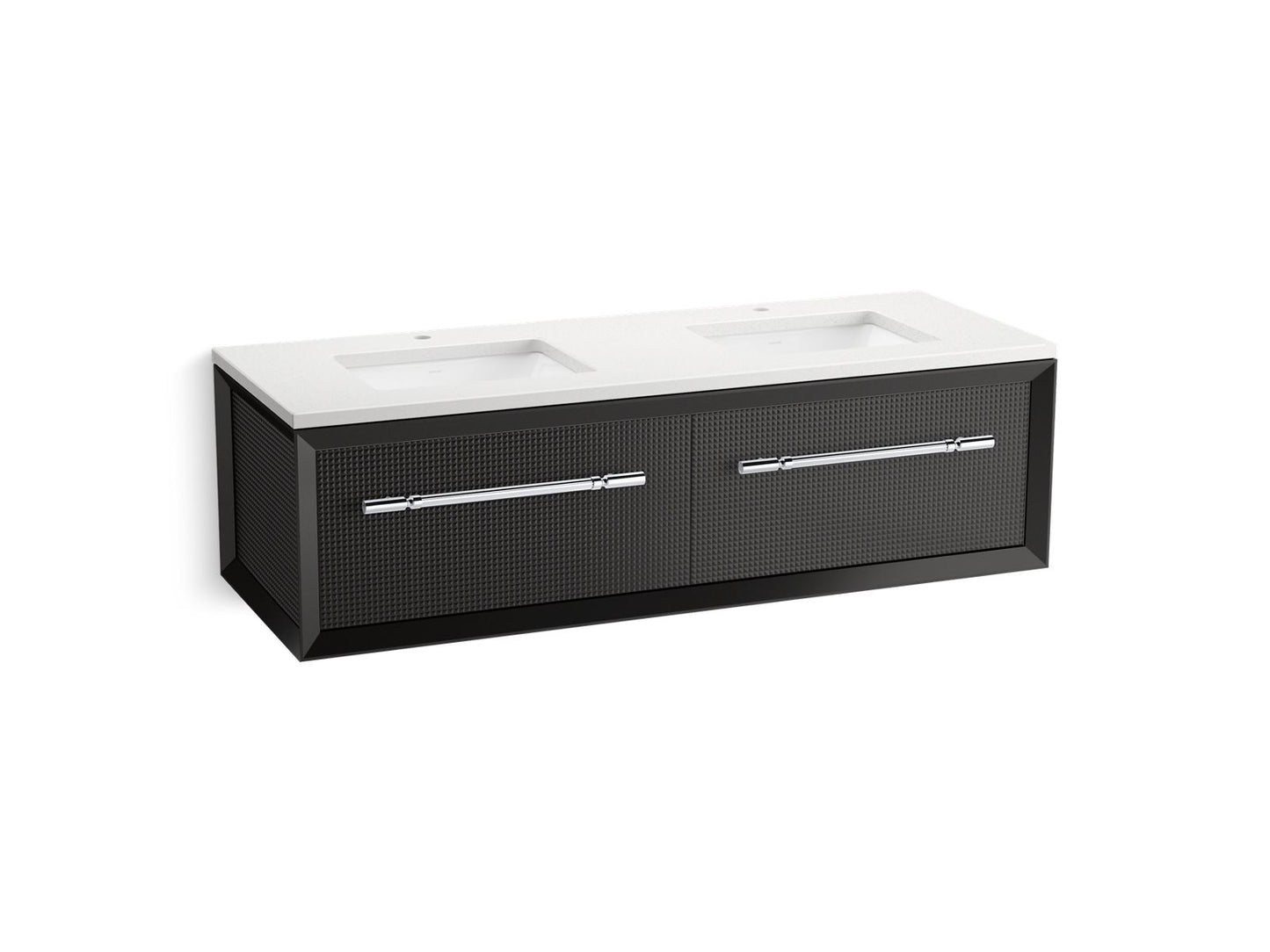 KOHLER K-CM33563-BD11 Enivo 60" Wall-hung Bathroom Vanity Cabinet with Sinks and Quartz Top, Gloss Black - 3/4 view of produc