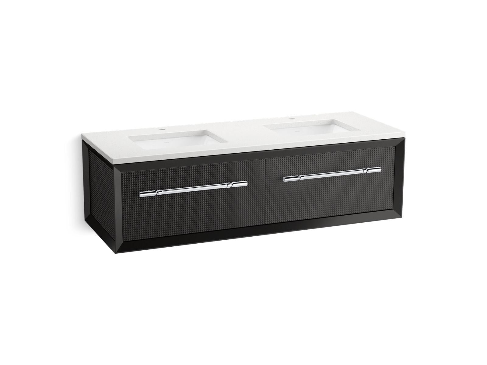 KOHLER K-CM33563-BD11 Enivo 60" Wall-hung Bathroom Vanity Cabinet with Sinks and Quartz Top, Gloss Black - 3/4 view of produc