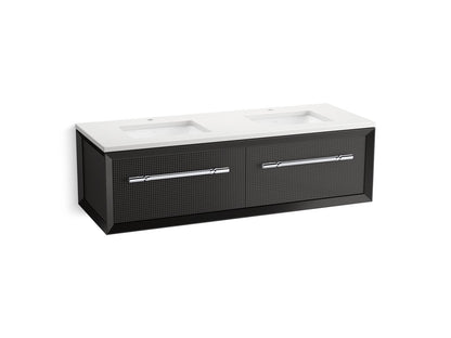 KOHLER K-CM33563-BD11 Enivo 60" Wall-hung Bathroom Vanity Cabinet with Sinks and Quartz Top, Gloss Black - 3/4 view of produc
