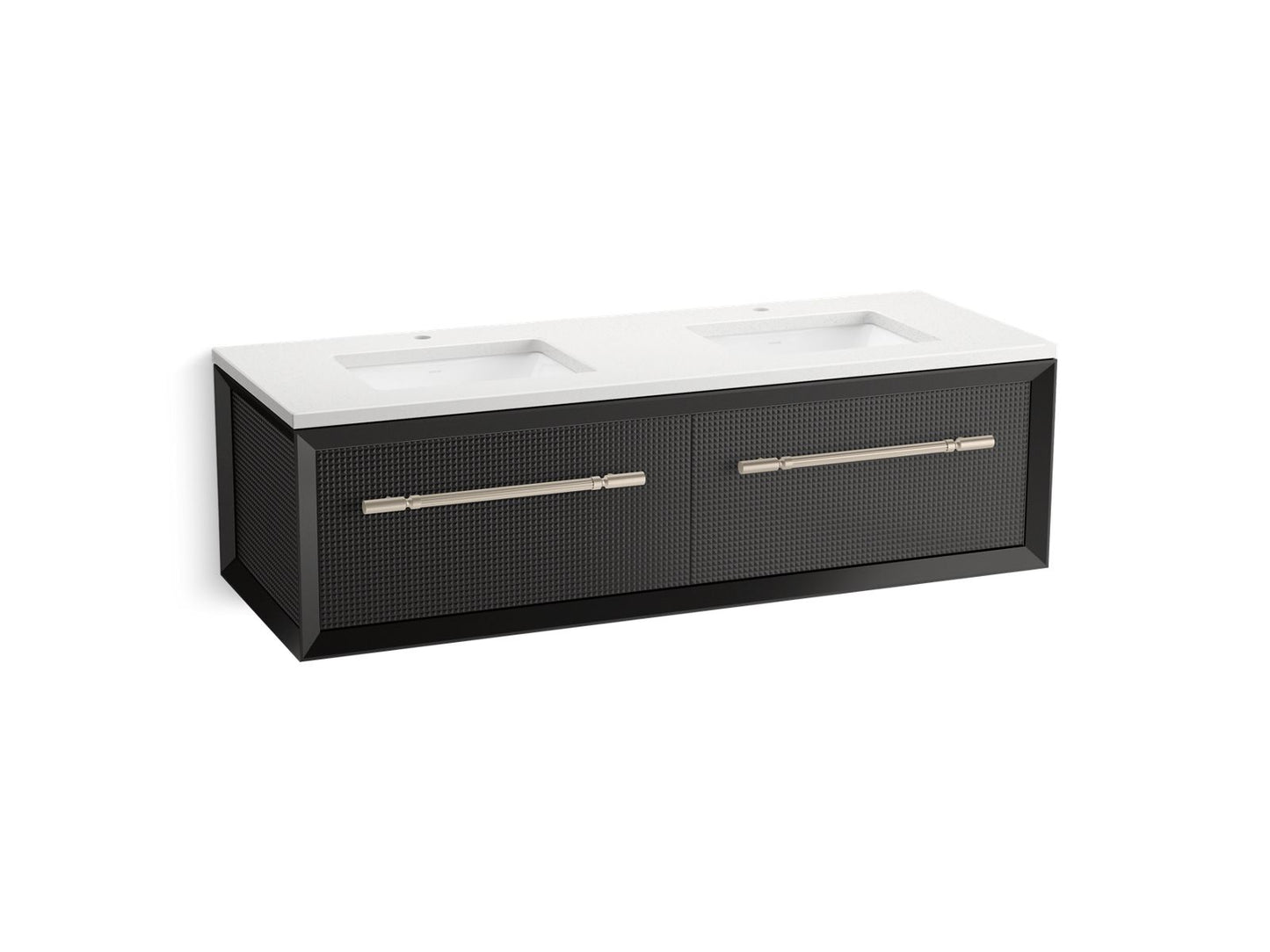 KOHLER K-CM33563-BD11 Enivo 60" Wall-hung Bathroom Vanity Cabinet with Sinks and Quartz Top, Gloss Black - 3/4 view of produc