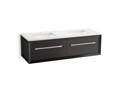 KOHLER K-CM33563-BD11 Enivo 60" Wall-hung Bathroom Vanity Cabinet with Sinks and Quartz Top, Gloss Black - 3/4 view of produc