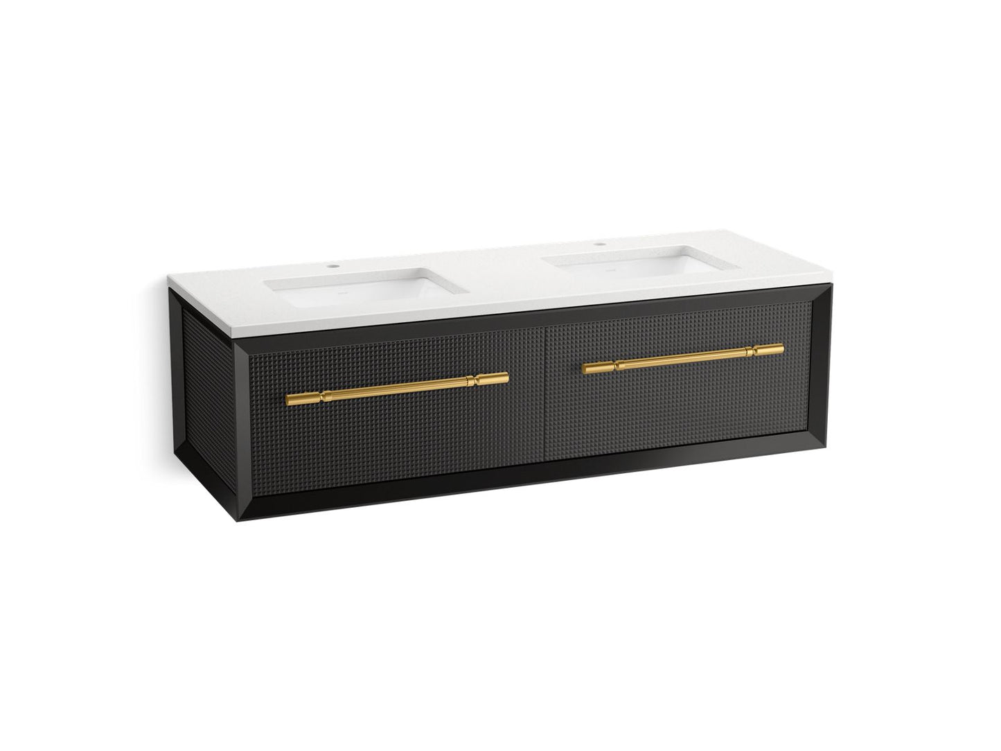 KOHLER K-CM33563-BD11 Enivo 60" Wall-hung Bathroom Vanity Cabinet with Sinks and Quartz Top, Gloss Black - 3/4 view of produc