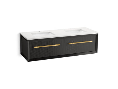 KOHLER K-CM33563-BD11 Enivo 60" Wall-hung Bathroom Vanity Cabinet with Sinks and Quartz Top, Gloss Black - 3/4 view of produc