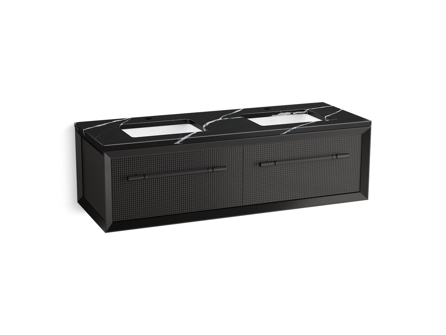 KOHLER K-CM33563-BD11 Enivo 60" Wall-hung Bathroom Vanity Cabinet with Sinks and Quartz Top, Gloss Black - 3/4 view of produc