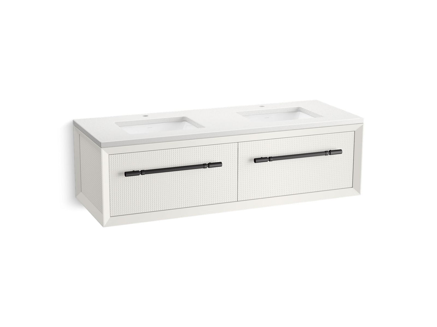 KOHLER K-CM33563-BD11 Enivo 60" Wall-hung Bathroom Vanity Cabinet with Sinks and Quartz Top, White - 3/4 view of product