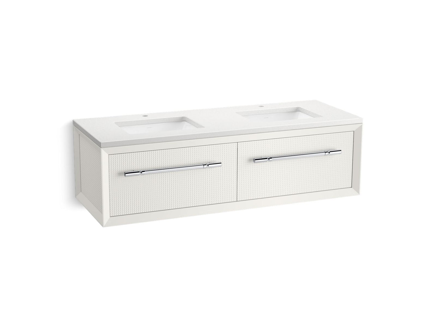 KOHLER K-CM33563-BD11 Enivo 60" Wall-hung Bathroom Vanity Cabinet with Sinks and Quartz Top, White - 3/4 view of product