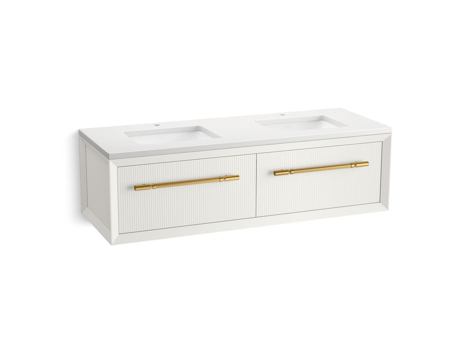 KOHLER K-CM33563-BD11 Enivo 60" Wall-hung Bathroom Vanity Cabinet with Sinks and Quartz Top, White - 3/4 view of product