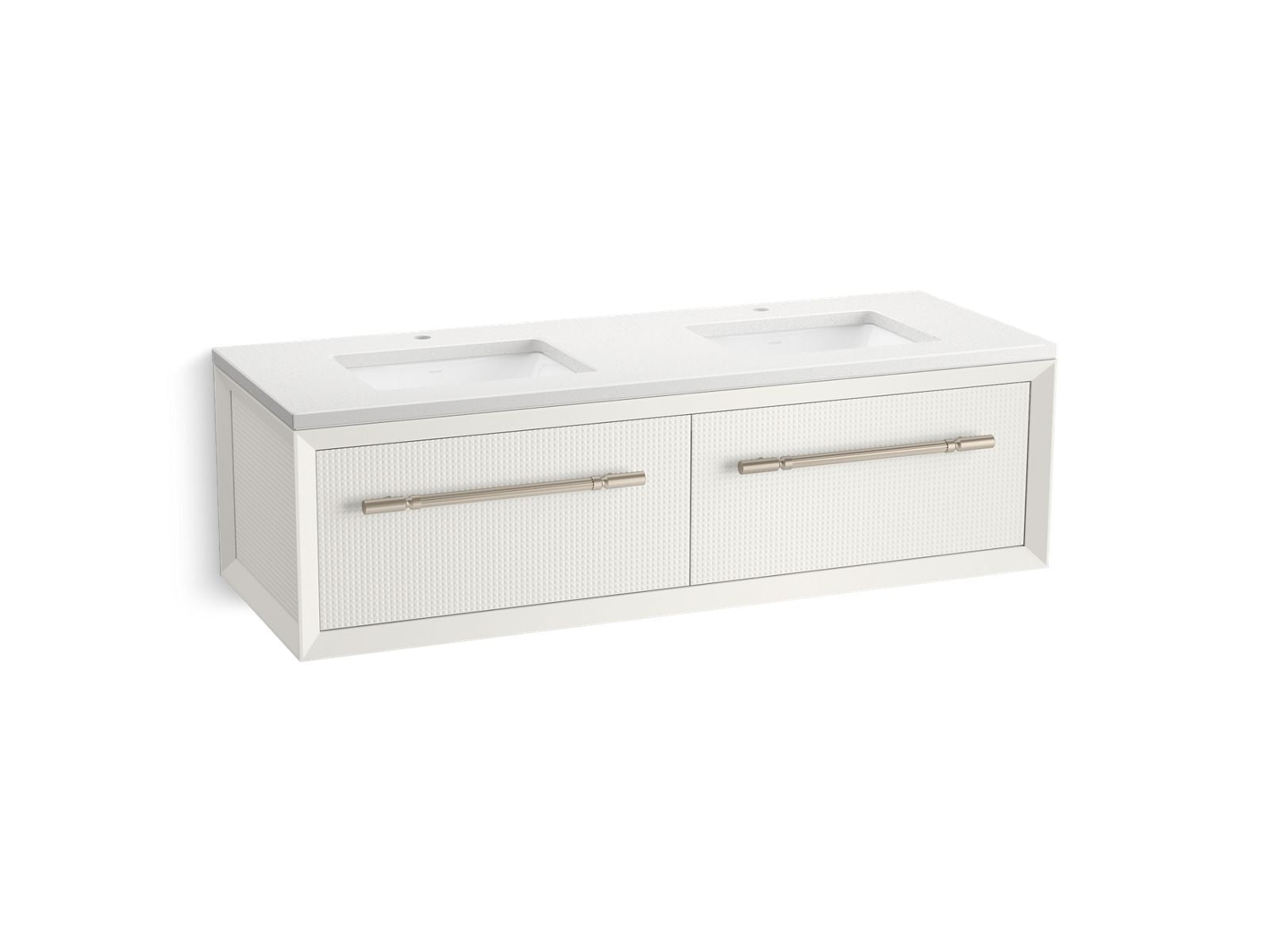 KOHLER K-CM33563-BD11 Enivo 60" Wall-hung Bathroom Vanity Cabinet with Sinks and Quartz Top, White - 3/4 view of product