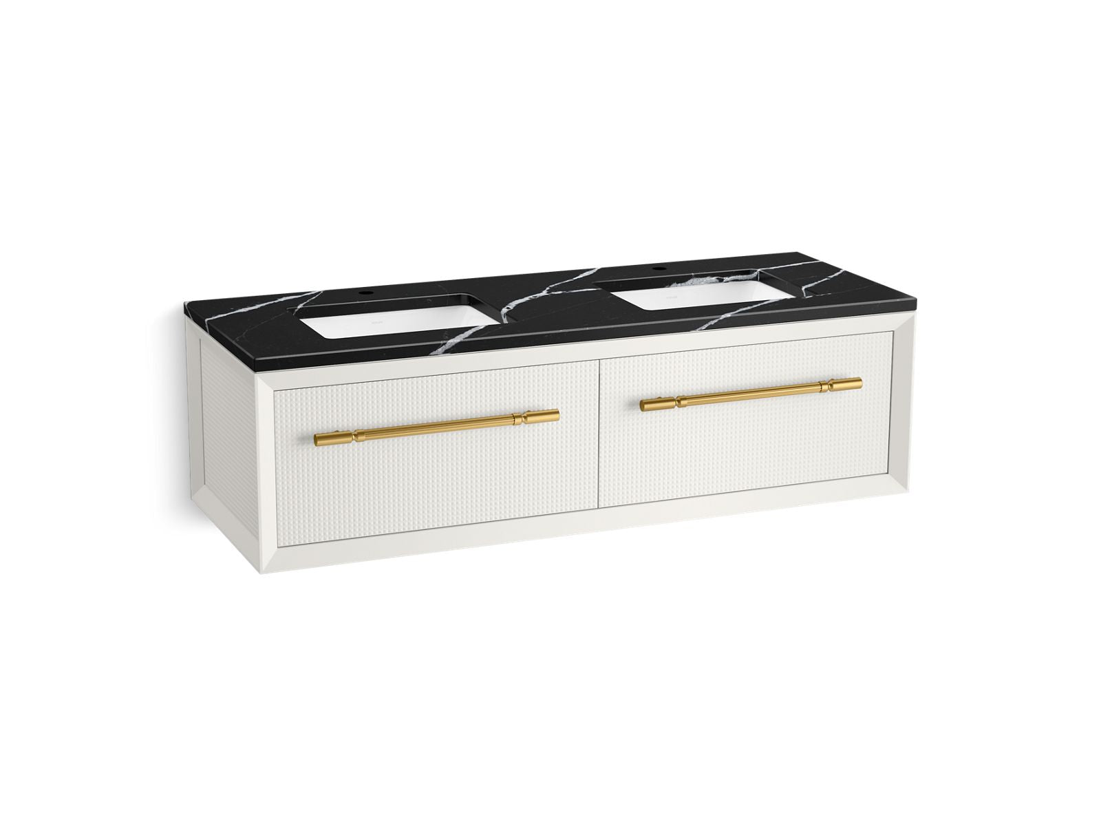 KOHLER K-CM33563-BD11 Enivo 60" Wall-hung Bathroom Vanity Cabinet with Sinks and Quartz Top, White - 3/4 view of product