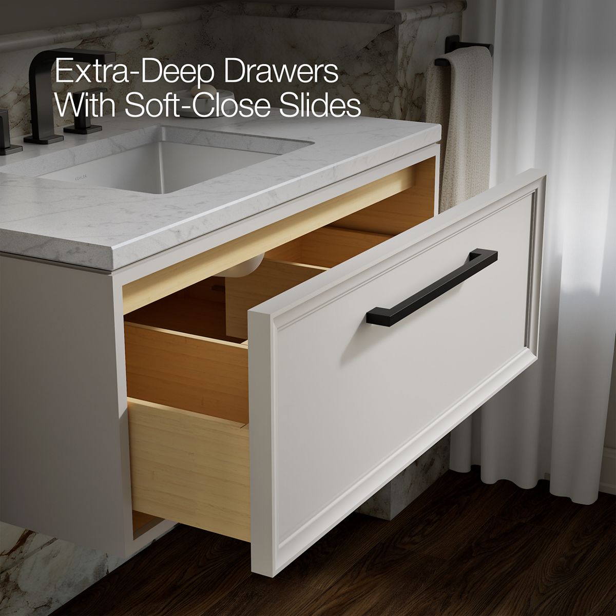 KOHLER K-CM33566-BD22 Lodern 36" Wall-hung Bathroom Vanity Cabinet with Sink and Quartz Top, Linen White - Shows close up det