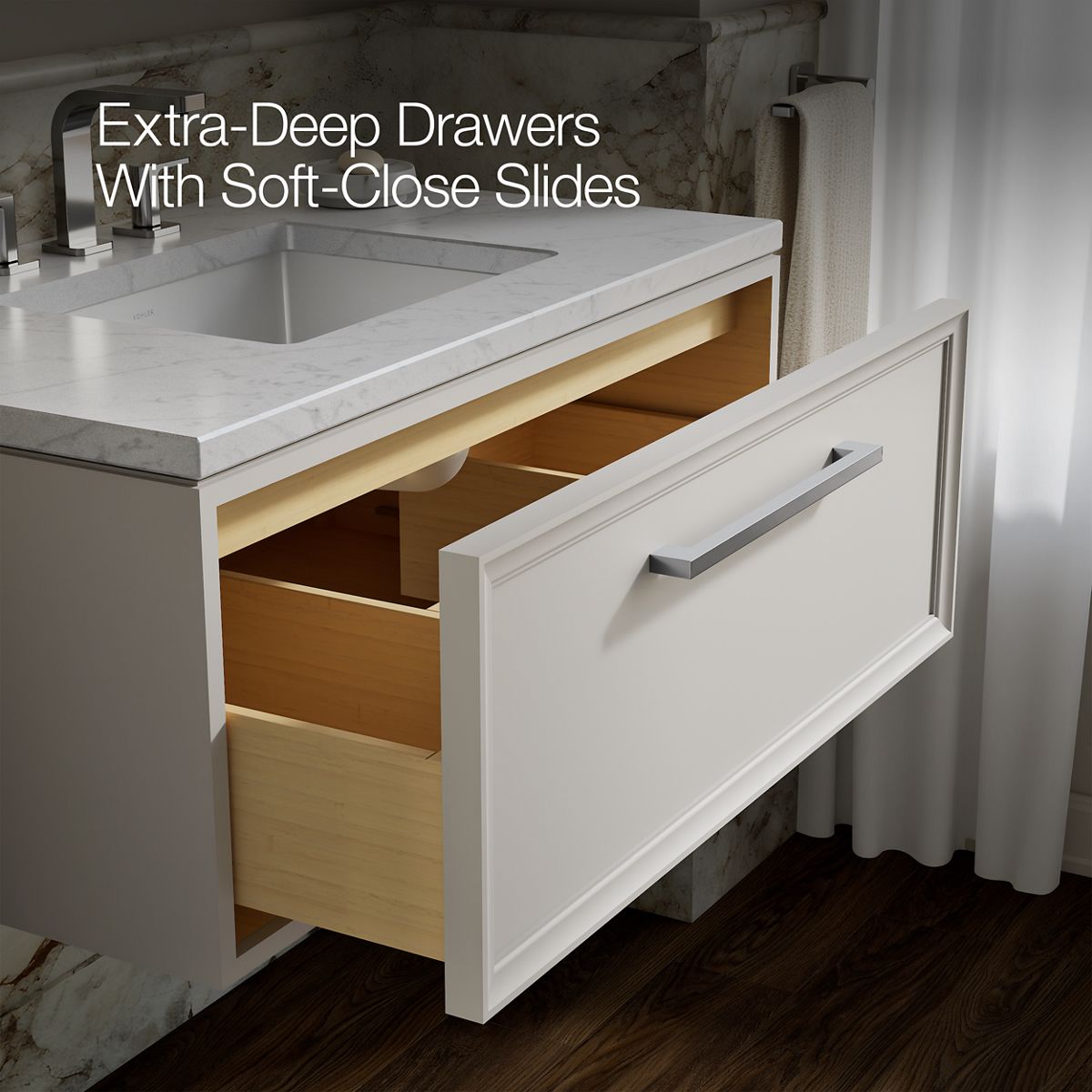 KOHLER K-CM33566-BD22 Lodern 36" Wall-hung Bathroom Vanity Cabinet with Sink and Quartz Top, Linen White - Shows close up det