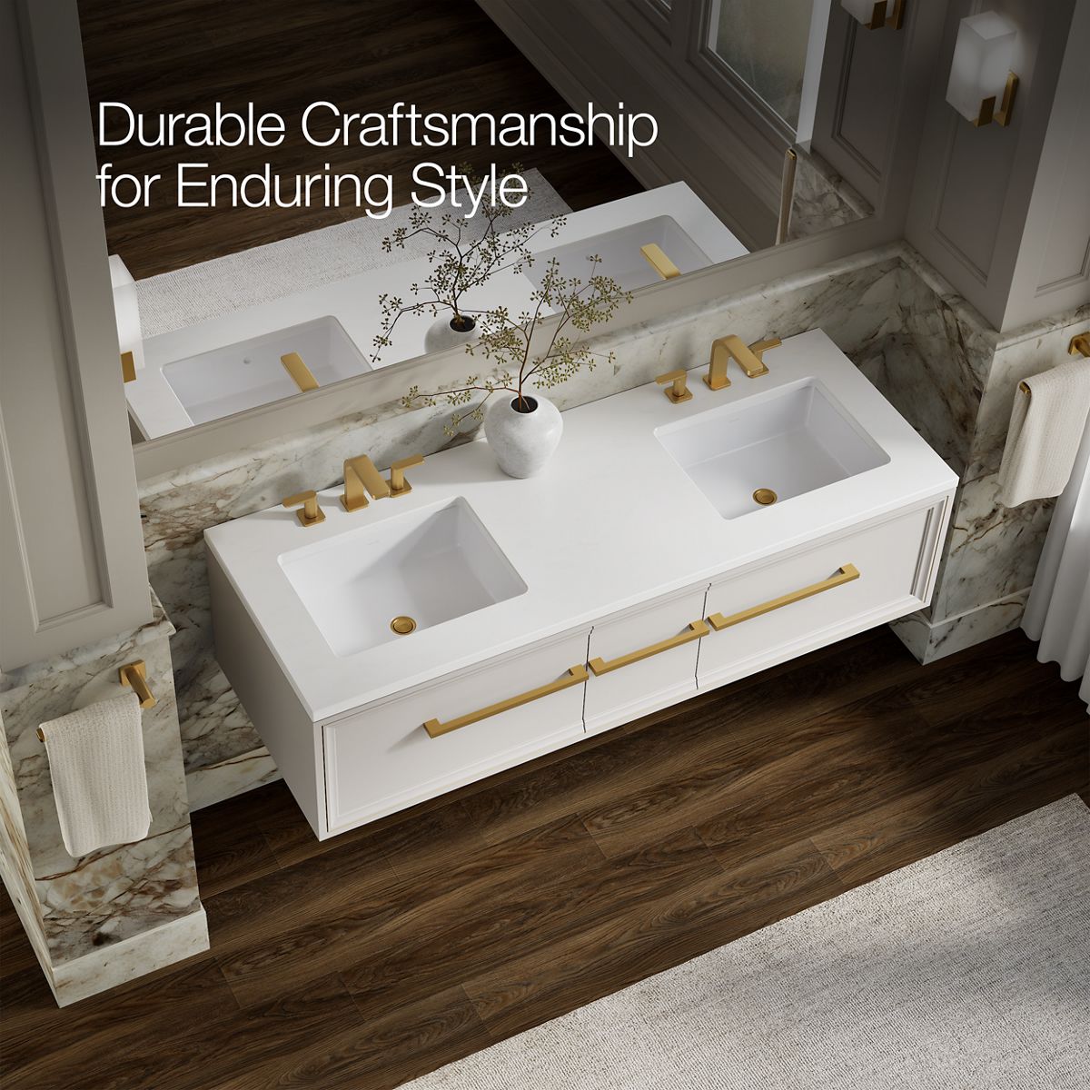 KOHLER K-CM33567-BD23 Lodern 60" Wall-hung Bathroom Vanity Cabinet with Sinks and Quartz Top, Linen White - image focused on 