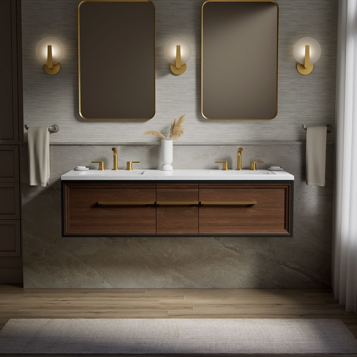 KOHLER K-CM33567-BD1 Lodern 60" wall-hung bathroom vanity cabinet with sinks and quartz top
