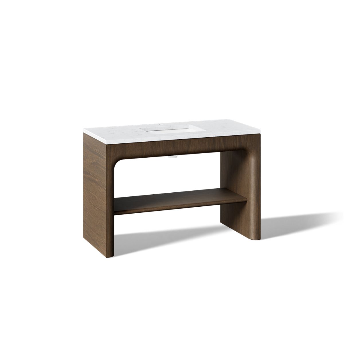 KOHLER K-CM39273-BD1 Statement 48" Console-style Bathroom Vanity Set with Sink and Quartz Top, Draper Oak - 3/4 view of produ