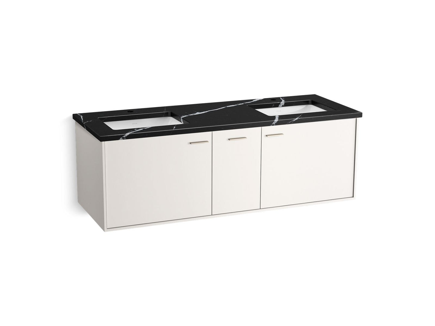 KOHLER K-CM99548-BD16 Jute 60" Wall-hung Bathroom Vanity Cabinet with Sinks and Quartz Top, Linen White - 3/4 view of product
