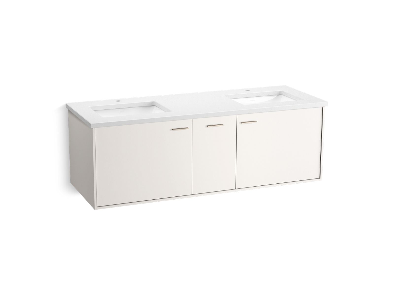 KOHLER K-CM99548-BD16 Jute 60" Wall-hung Bathroom Vanity Cabinet with Sinks and Quartz Top, Linen White - 3/4 view of product
