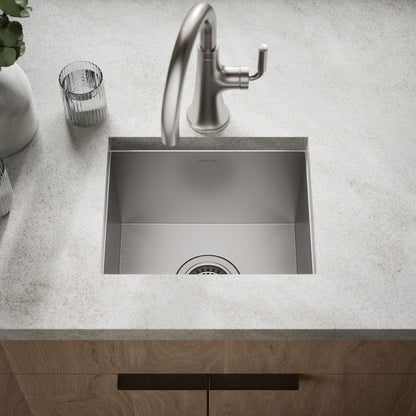 KOHLER K-RH20908-1 Lyric 15" Top-/under-mount Single-bowl Bar Sink, Stainless Steel - Shows close up detail of product in roo