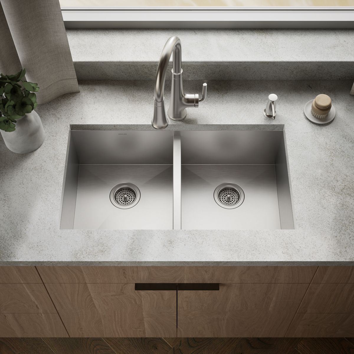 KOHLER K-RH20909 Lyric 32" Undermount Double-bowl Kitchen Sink, Stainless Steel - Shows close up detail of product in room