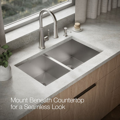 KOHLER K-RH20909 Lyric 32" Undermount Double-bowl Kitchen Sink, Stainless Steel - image focused on single product story