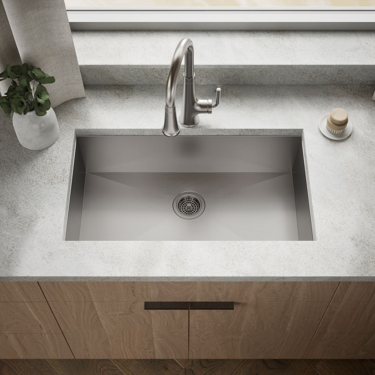 KOHLER K-RH20912 Lyric 32" Undermount Single-bowl Kitchen Sink, Stainless Steel - Shows close up detail of product in room