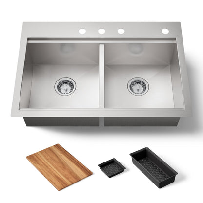 KOHLER K-RH23376-4PC Lyric Workstation 33" Top-/undermount Double-bowl Kitchen Sink, Stainless Steel - 3/4 view of product
