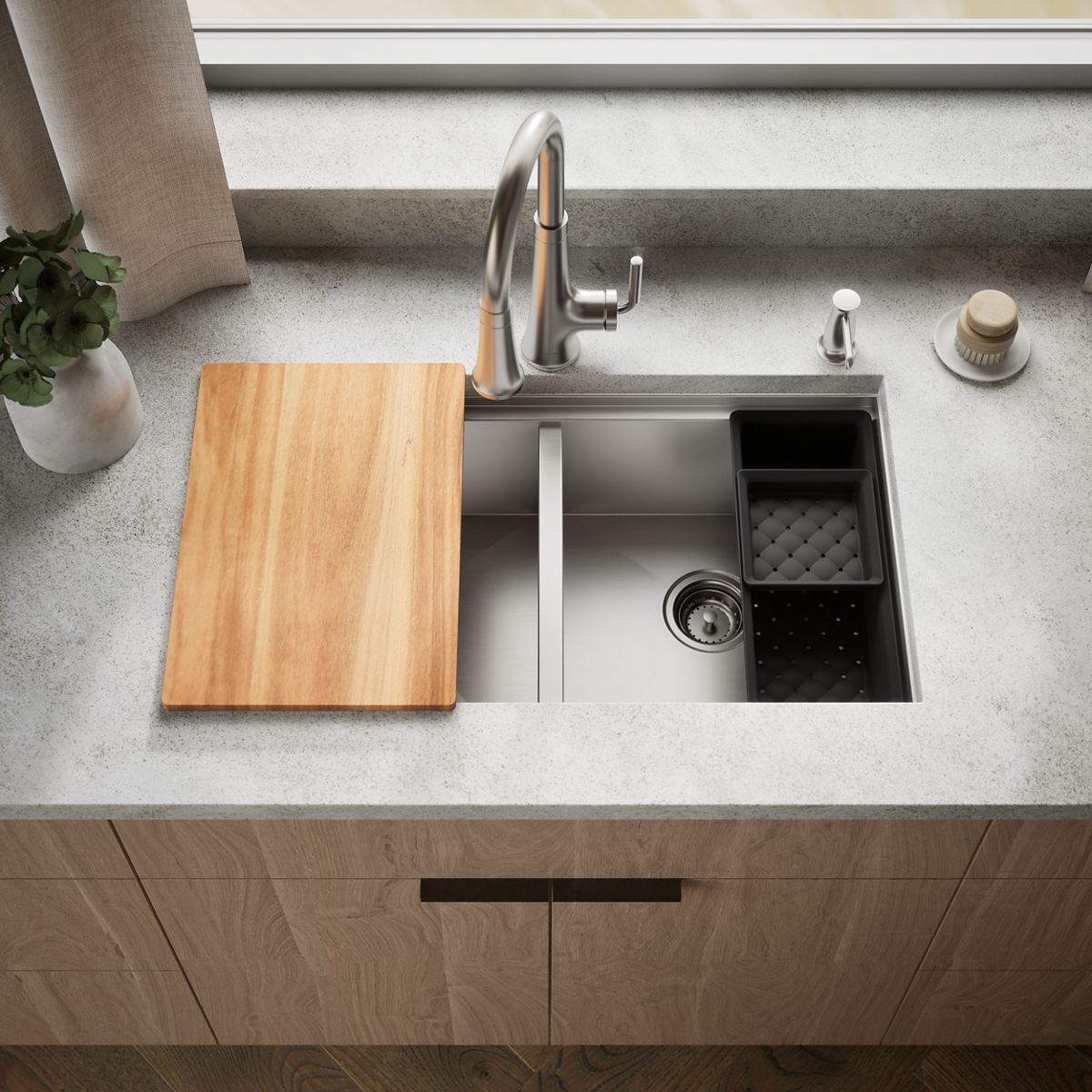 KOHLER K-RH23376-4PC Lyric Workstation 33" Top-/undermount Double-bowl Kitchen Sink, Stainless Steel - Shows close up detail 