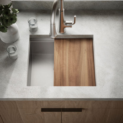 KOHLER K-RH23377-1PC Lyric Workstation 20-1/2" Top-/under-mount Single-bowl Bar Sink, Stainless Steel - Shows close up detail