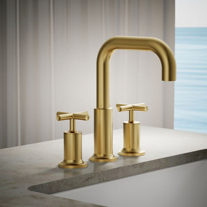 KOHLER K-T14428-3 Purist Deck-mount Bath Faucet Trim with Cross Handles, Vibrant Brushed Moderne Brass - Shows close up detai
